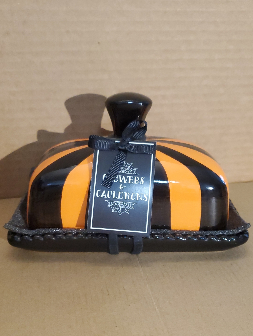 Cobwebs & Cauldrons Black and Orange Striped Butter Dish